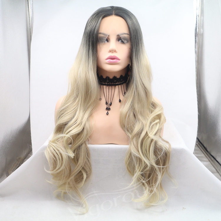 Vigorous ombre blonde long straight premium high quality wholesale black women synthetic hair wigs with lace front