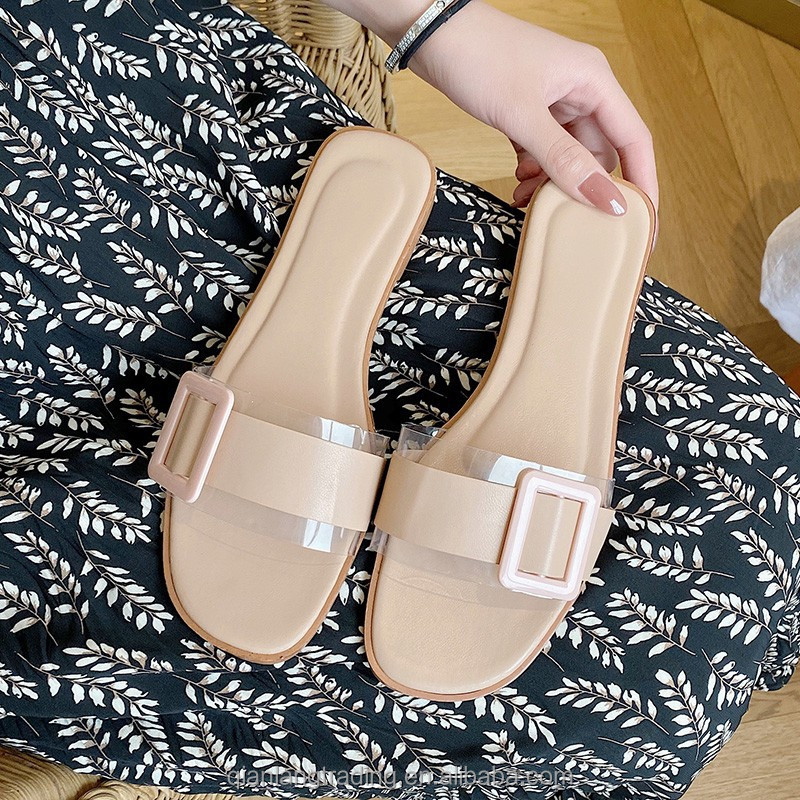 2021 summer Fashion Design Light Weight Outdoor Flat Ladies h shape slipper for women slide with  button women sandals