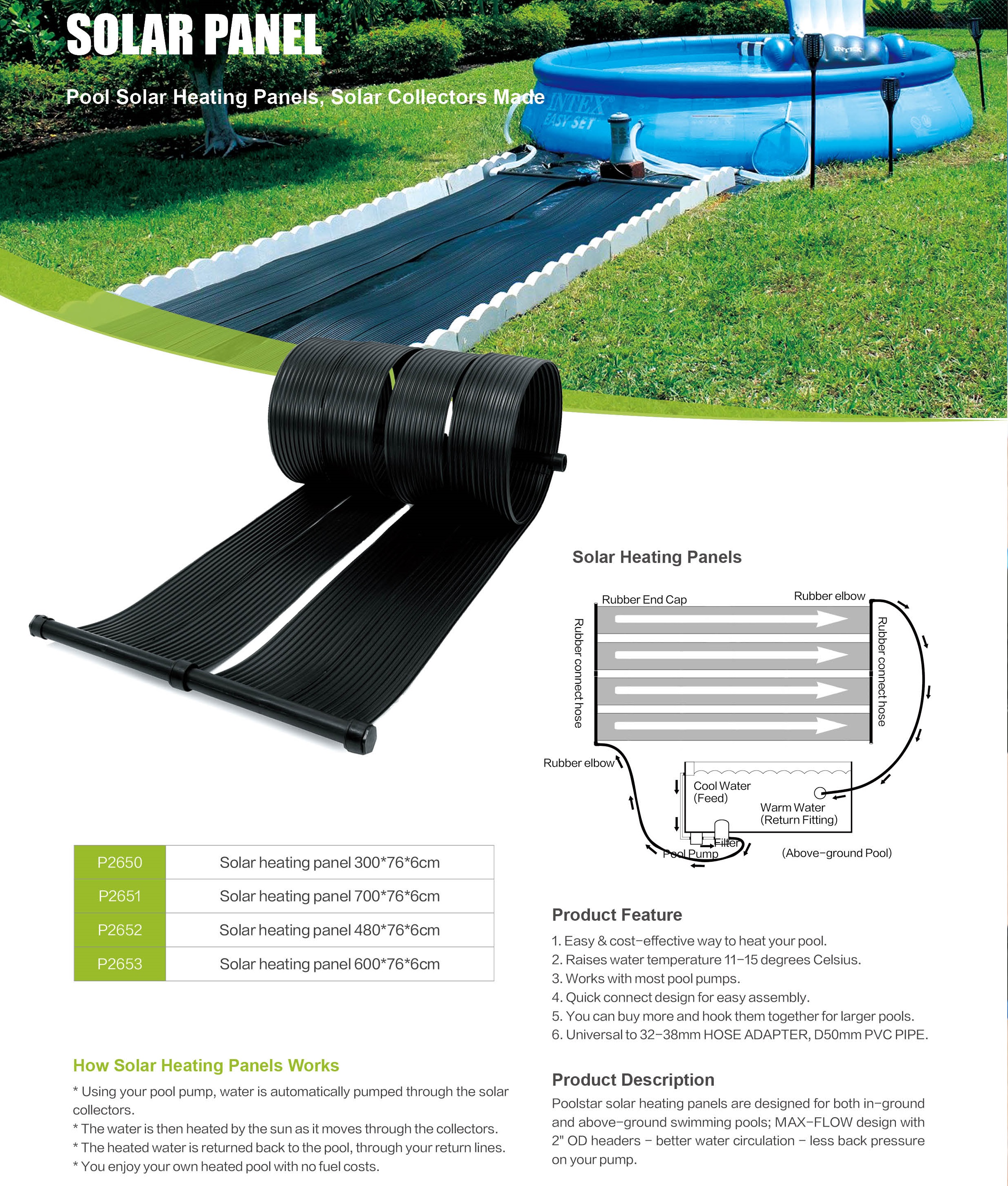 Black Weatherproof Swimming Pool Heating System Solar Collectors 20' Long Solar Panels Kit for Pool Warm