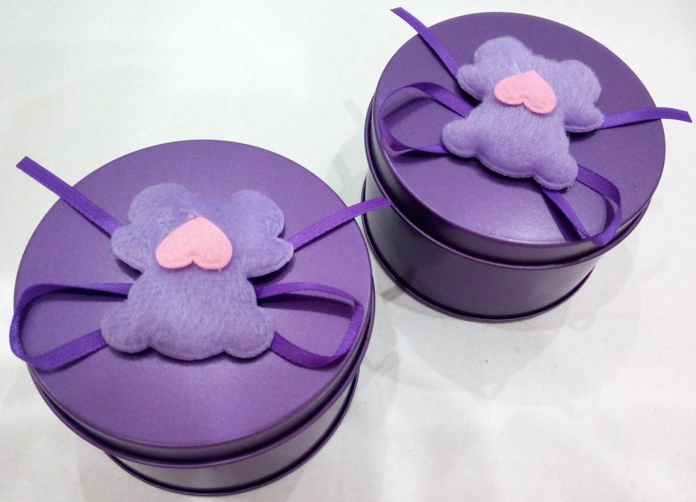 Purple Round Tin with Bear decoration