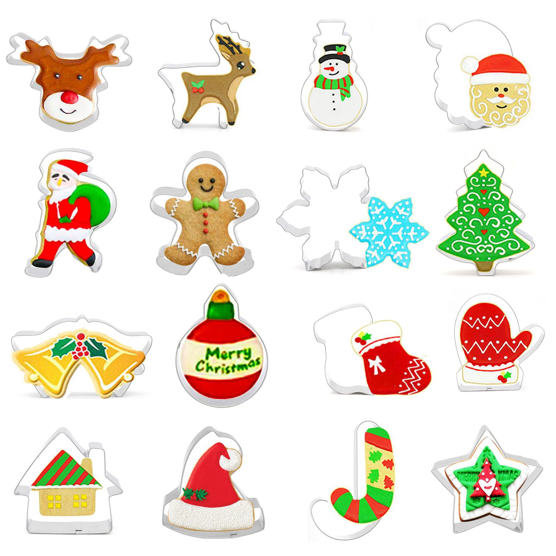 16 Set of Stainless Steel Christmas Biscuit Cutting Suit Gingerbread Man Christmas Tree Candy Santa Claus