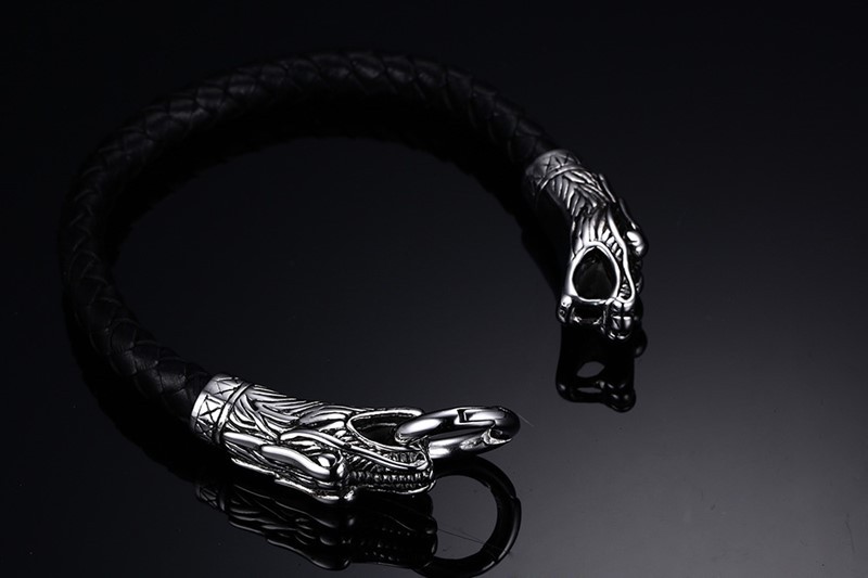 Mens Double Dragon Head Charms Hook Leather Bracelet