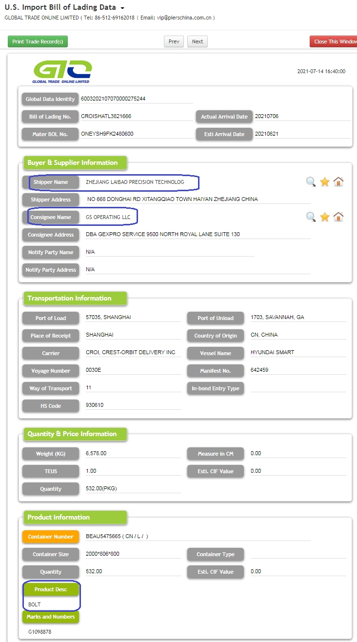 Bolt - USA Import Trade Data