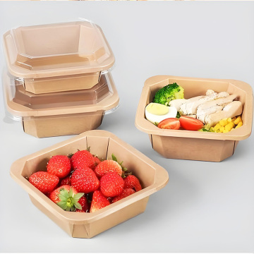 Biodegradable Kraft Paper Salad Bowl with Lid, 300ml, Rectangle with Octagonal Design