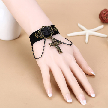 Velvet Band Rose Alloy Cross Pendant Chain Tassel Bracelet