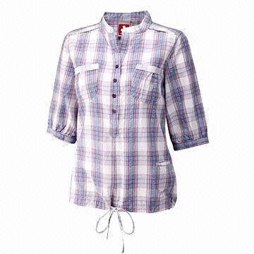 Ladies' Casual Blouse, Cotton Top, Lightweight Checkered Cotton Fabric, 3/4-sleeved, Stand Collar