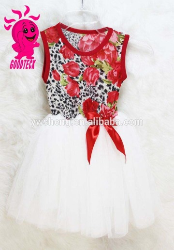 High quality and hot selling Red and White flower girl dress for Printed children dress lovely girl flower dress with Bow