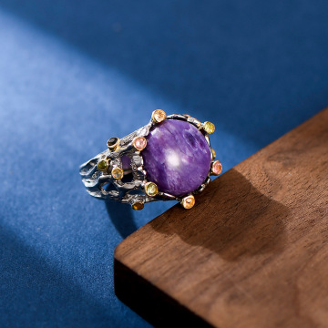 S925 Silver Vintage Round Purple Dragon Crystal Rings