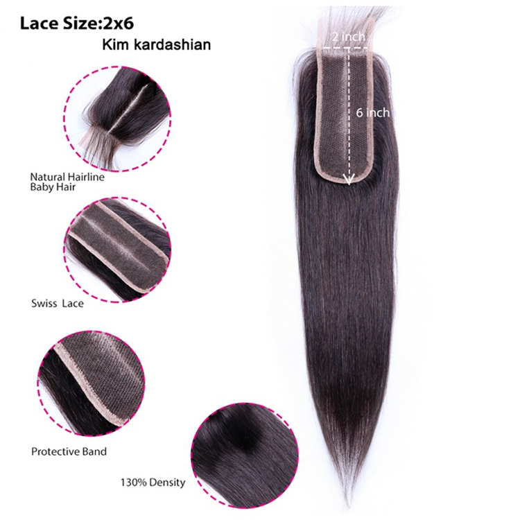 Lsy Kim K Kardashian 2x6 Long Deep Middle Part Human Hair Closure, Pre Plucked Human Hair Closure With Baby Hair