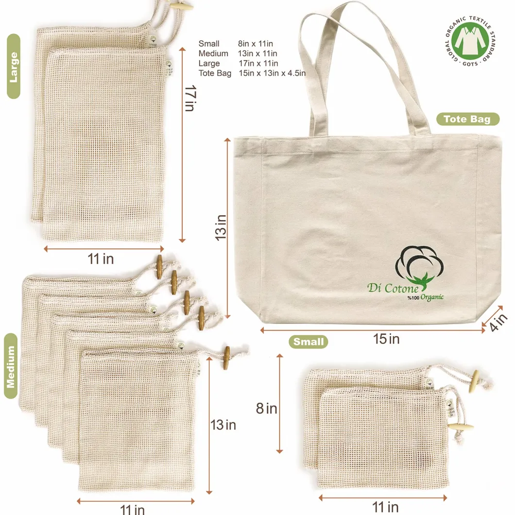 10packs Net Produce Grocery Shopping Drawstring Reusable Organic Cotton Mesh Bag for Fruits and Vegetables