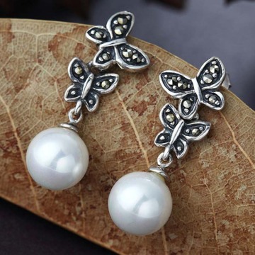 925 Silver White Simulated Shell Pearl Dangle Earrings