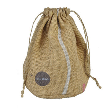 Round jute drawstring bag with logo printed