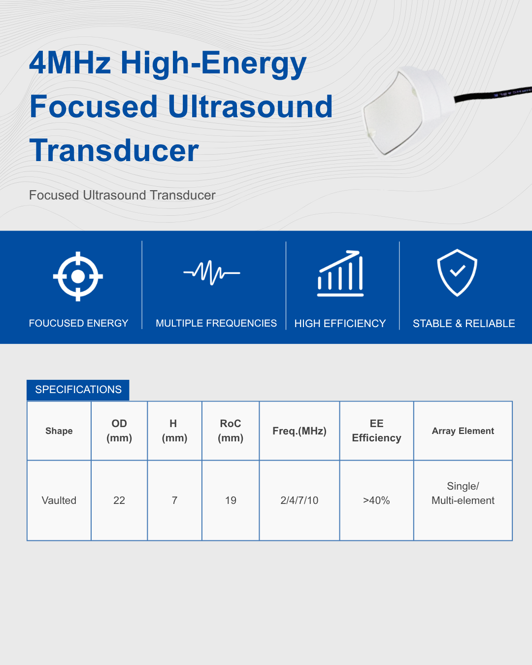 เครื่องอัลตราซาวนด์ที่เน้นพลังงานสูง 4MHz 4MHz High-Energy Focused Ultrasound Transduce