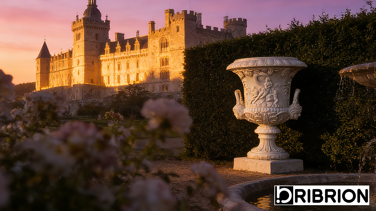 Castle at Sunset with Decorative Urn in Foreground Castle at Sunset with Decorative Urn in Foreground