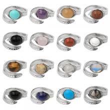 Gemstone 10 mm CAB ROND Perles Anneau Natural Stone Quartz Plume Alloy Rings Ajustement pour femmes Men Men d&#39;anniversaire Gift Birthday