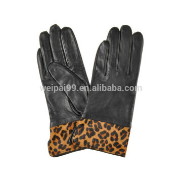 Simple design leopard print cuff women sheepskin leather gloves