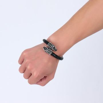 Custom Genuine Leather Double Dragon Head Charm Bracelet