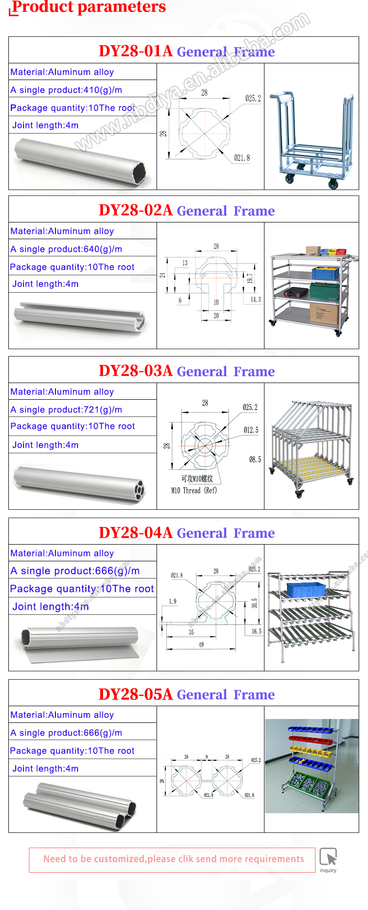 Flexible aluminum lean tube / pipe for warehouse storage racks, aluminum shelving systems