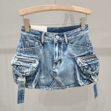 Women's Distressed Wash Dye Biker Short Denim Cargo Mini Skirt