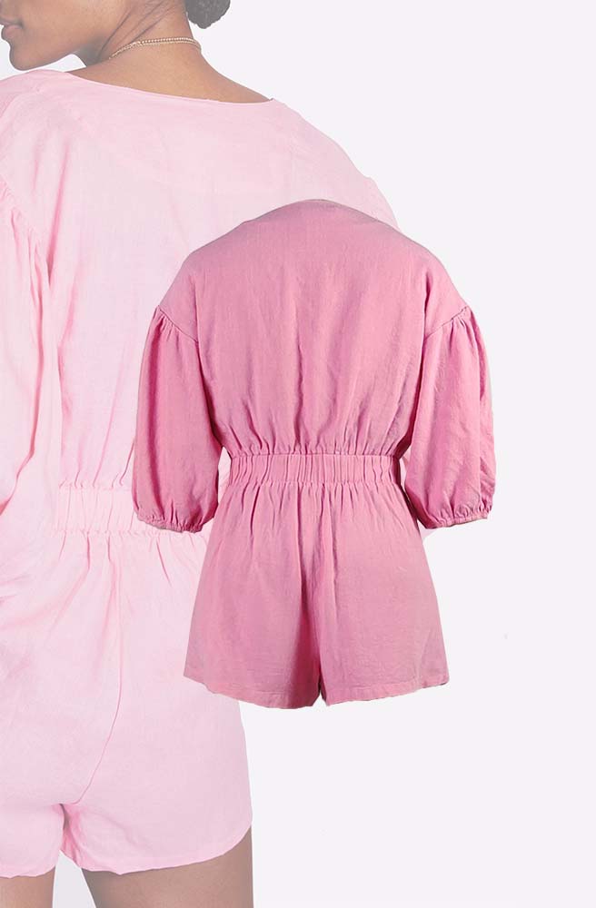 Skin-friendly V Neckline Puff-Sleeved Cotton Linen Romper