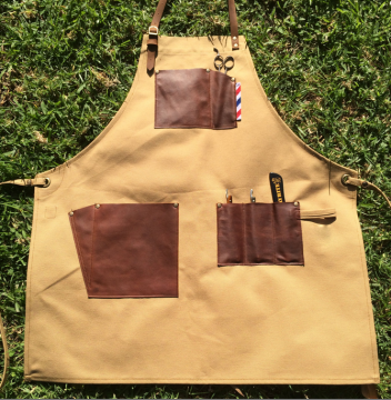 Barber apron, men denim bib apron with leather straps and multifunction pockets