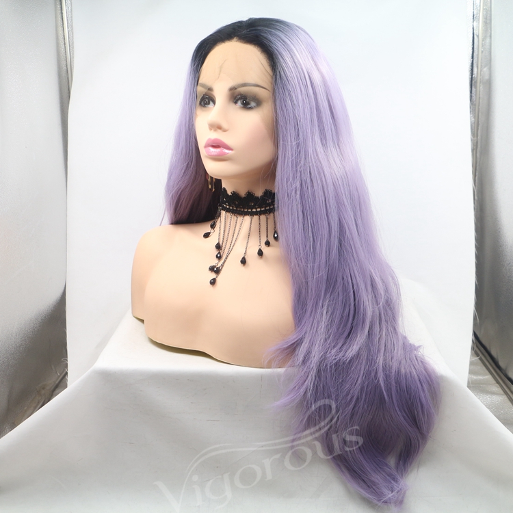 Vigorous purple ombre long straight premium high quality wholesale black women synthetic hair wigs with lace front