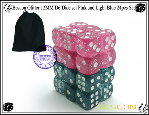 Bescon Glitter 12MM D6 Juego de dados rosa y azul claro 24pcs Set-8 Bescon Glitter 12MM D6 Dice set Pink and Light Blue 24pcs Set-8