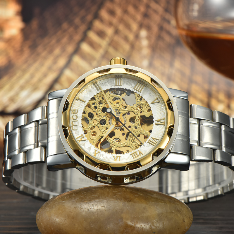 Gold case custom skeleton automatic watches men