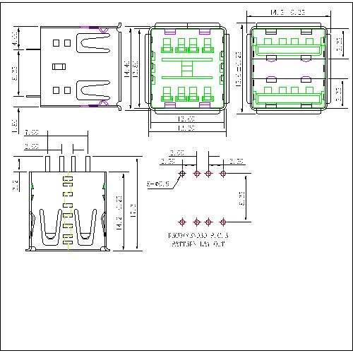 UAFS05 5-USB A Type Receptacle Double Stack Straight DIP L=14.2mm 