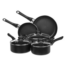 Basics 8pcs Non Stick Cookware Set: Black Aluminum Induction Compatible Kitchen Tools with Forged Plastic Handles