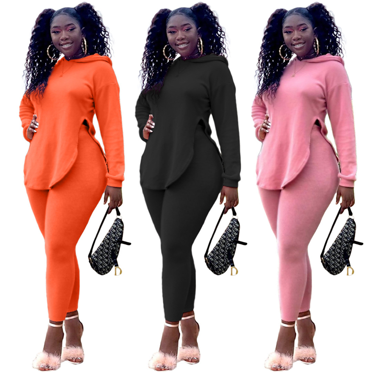 C6199 Women 2 piece fall set jogger hoodie split casual women sexy clothing