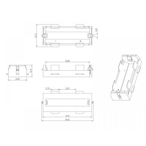 BBC-W-G0-A-107 Pemegang Baterai Tunggal untuk 26650 Solder Tail