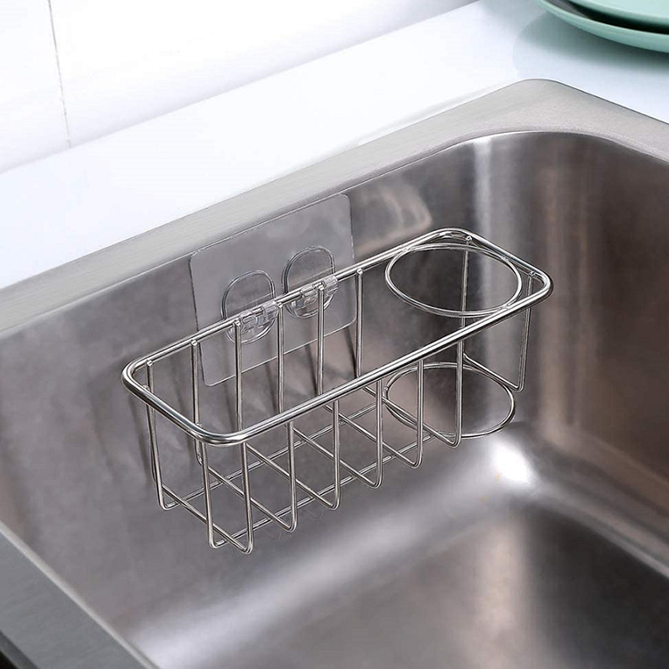 Kitchen Polished Stainless Steel Sink Suction Organizer Basket Sink Caddy Sponge Holder Soap Brush Holder