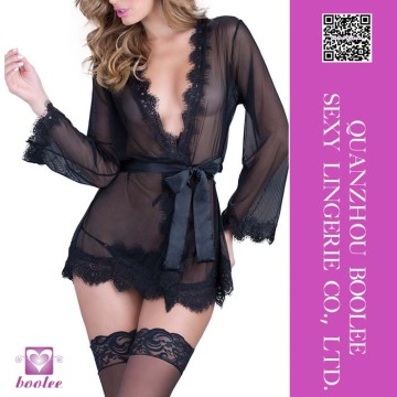 Hot selling Sexy Black Chiffon Robe Long Sleeves Lingerie Sleepwear