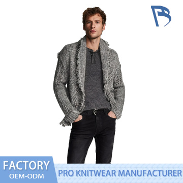 Heathered Stone Fringed Shawl Collar Cardigan