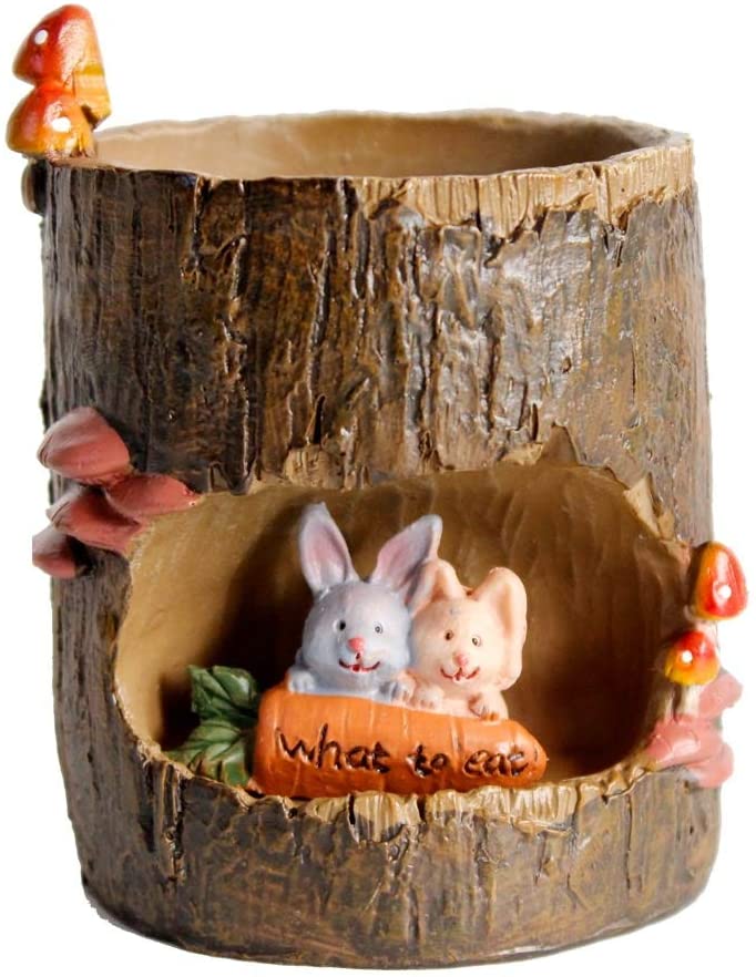 Tree Hole Planters With Rabbit Sculpture