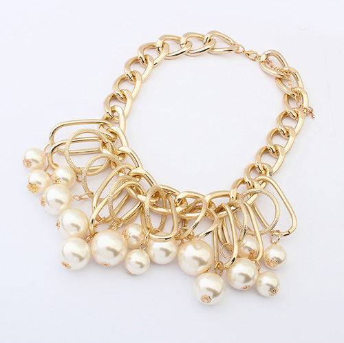 Fashion Palace quality imitation Pearl Necklace Golden color big chain woman choker necklace wholesale jewelry