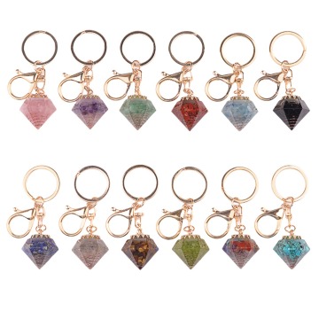 Gemstone Chip Stone Resin Pendant Keychain Natural Stone Faceted Chip Resin Charm Pendant Key Ring Bag Tag