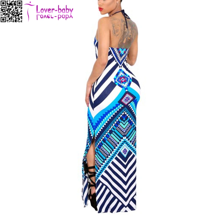 Blue Tribal Print Halter Backless Slit Sexy Bodycon Plus Size Maxi Dress L51408-1