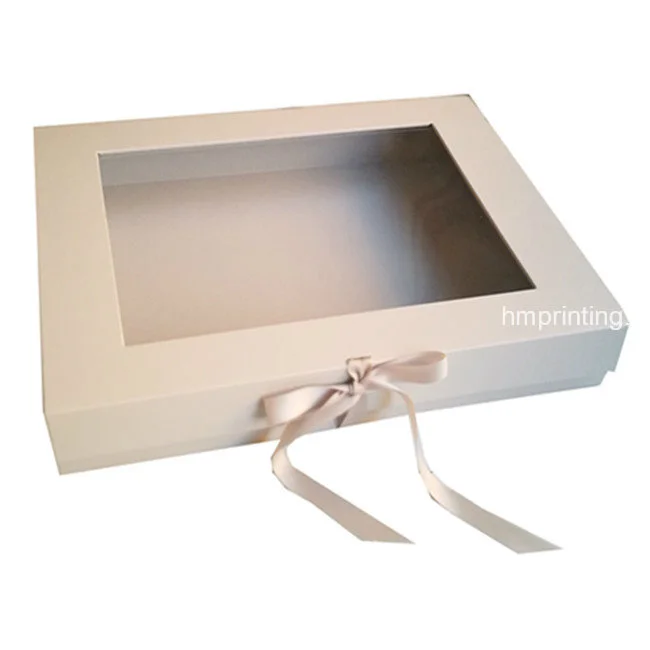 White Magnetic Paper Gift Box with Clear Window and Ribbon