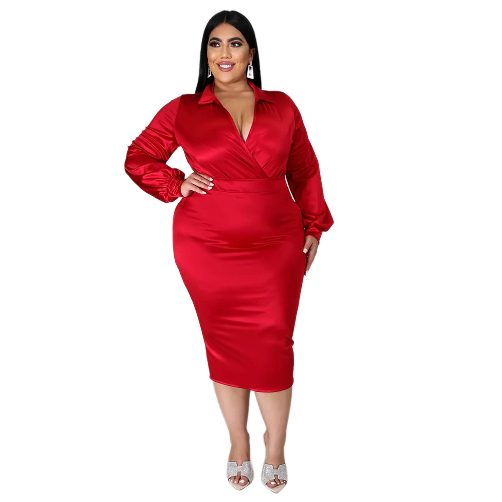 New Product Plus Size Collar Woman Dress Dress Plain MIDI Dress Women Clothing