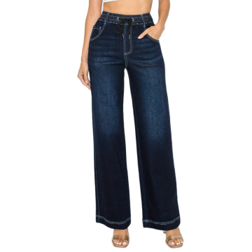 Women Fashion Dark Blue Wide Leg Denim Pants Elastic Waist Jeans