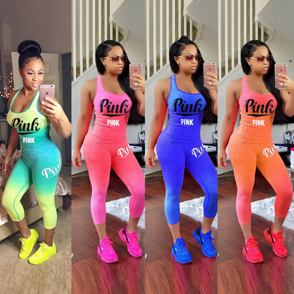 Wholesale Fashion Bodycon Women Sport Clothing Multicolor Printed Sports Outfits Two Piece Sets