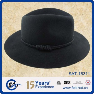 100% Australian wool black nylon rope trim fedora hat