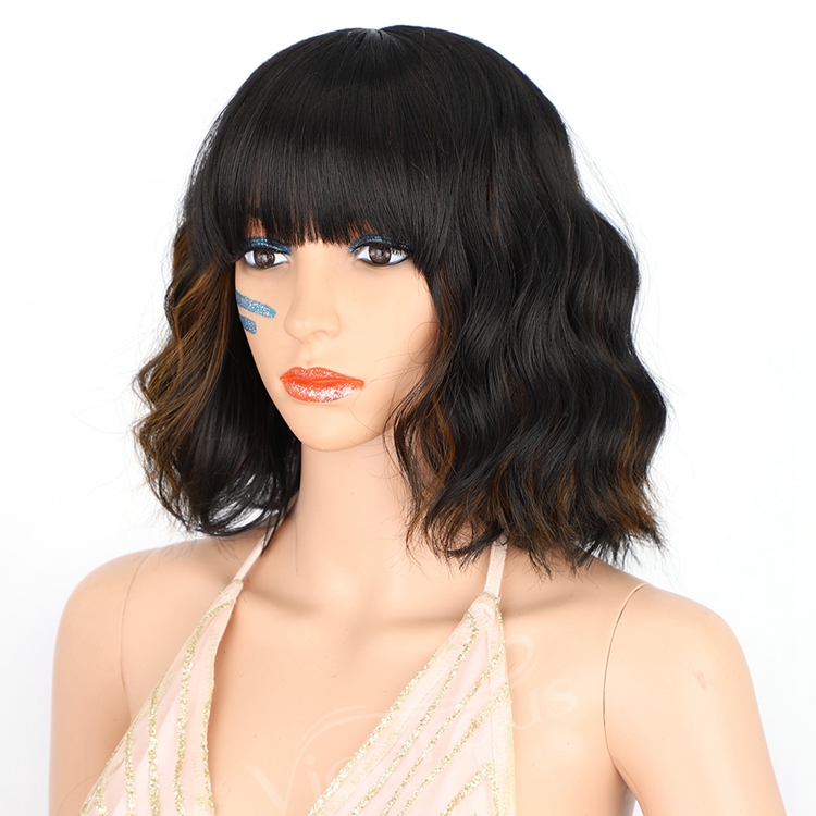 Synthetic Wig With Neat Fringer Short Curly Shoulder Length Highlight Brown Body Wave Bob Hair Heat Resistant Fiber For Women