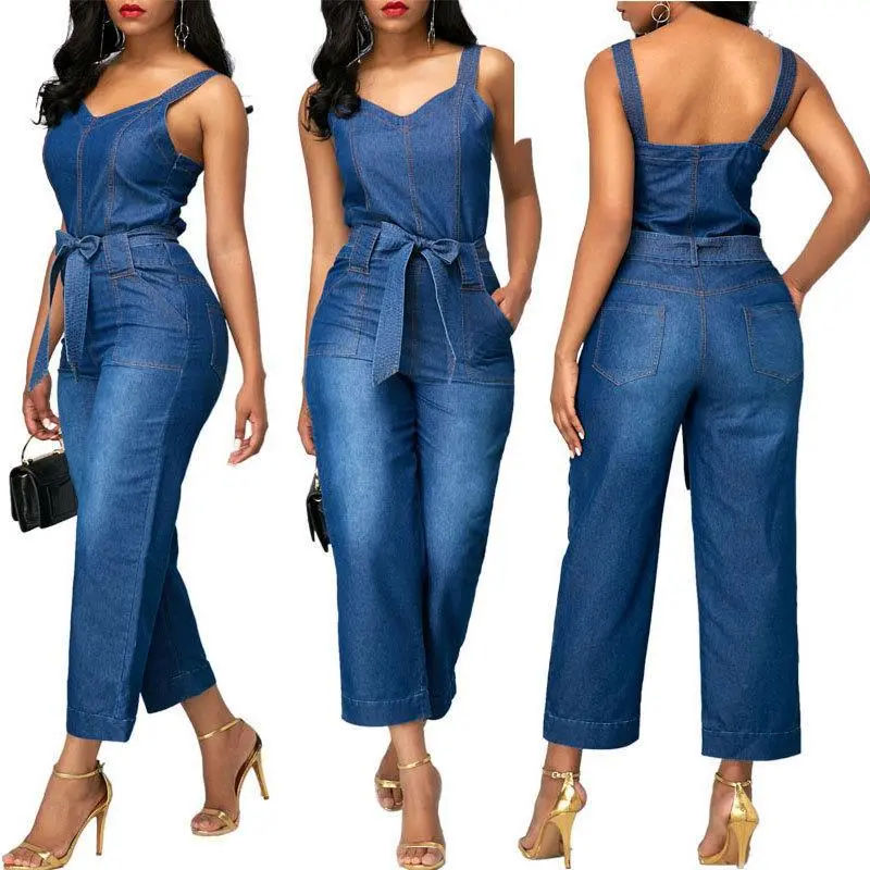 New Winter and Fall Loose Sleeveless Jumpsuit for Women Sexy Women Wear with Belt Denim Jumpsuit Women