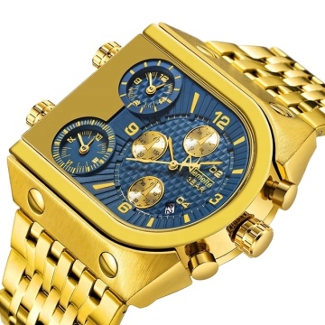 TEMEITE Big Dial Mens Golden Waterproof Quartz Watch - Relogio Masculino 3 Time Zone