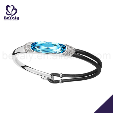 Silver blue cz black leather bracelets for women