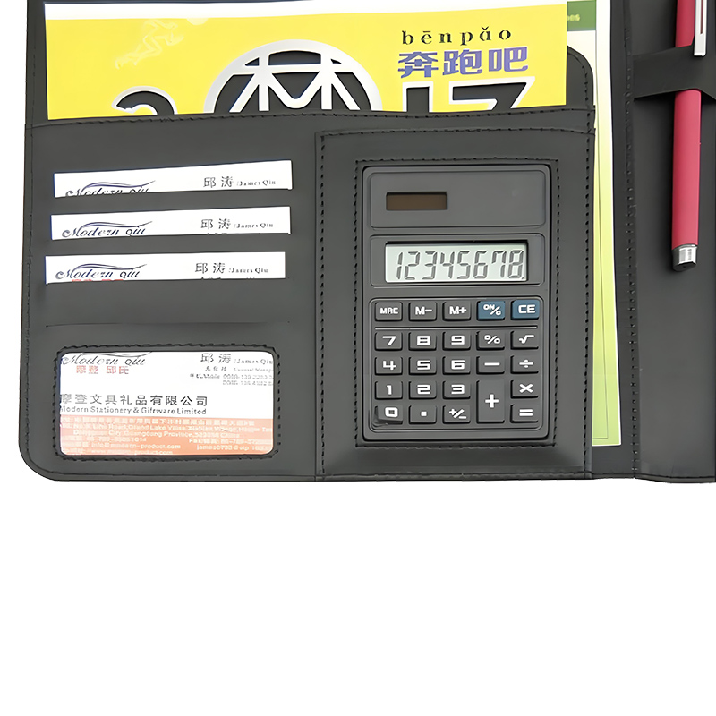 Modernqiu Custom Logo A4 Leather Briefcase File Folder with Calculator Business Portfolio for Office Use