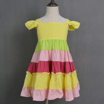 Wholesale Cotton linen fabric rainbow color baby girl dresses